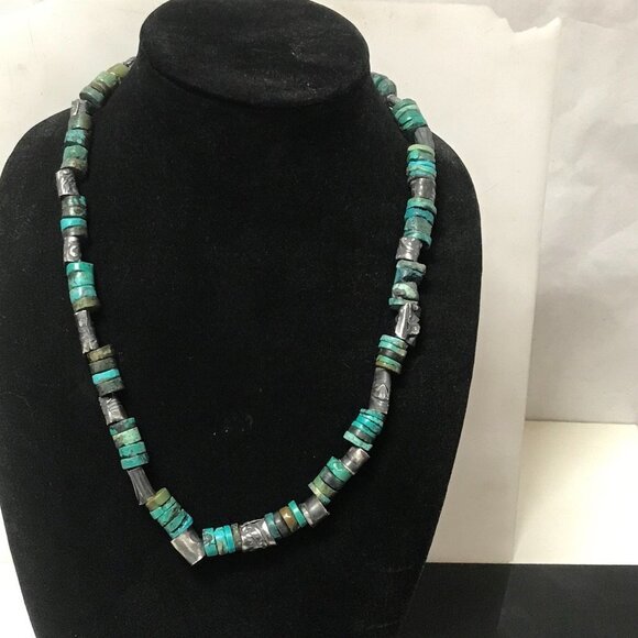 Genuine Turquoise Sterling Silver Necklace Heishi Beads Antique Sustainable 925 - Picture 5 of 8